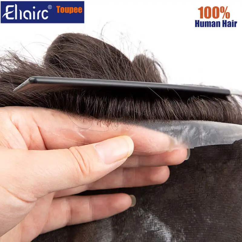 Human Hair Toupee PU With Double Knots Toupee Men 0.08MM Durable Men's System Unit 6" Men Wigs 100% Natural Human Hair Wig Male Hair Prosthesis