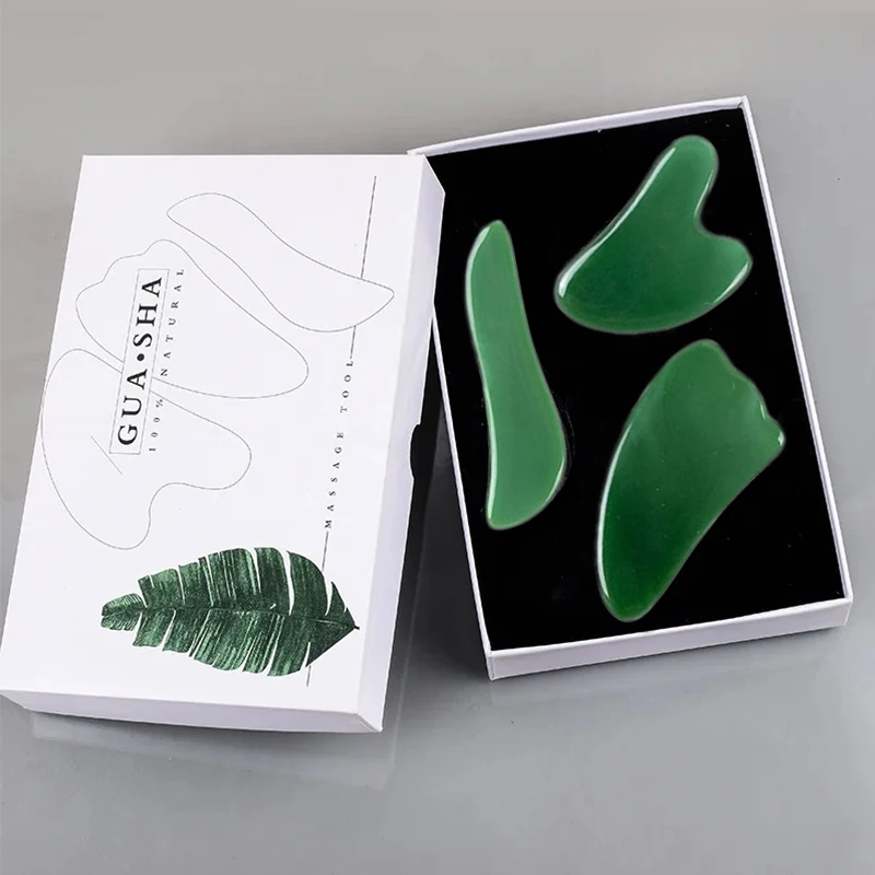 3pc Dark Green Jade Scraping Board Set Body Gua Sha Acupoint Acupuncture Massage Spa Facial Lifting Beauty Anti Aging Skin Care