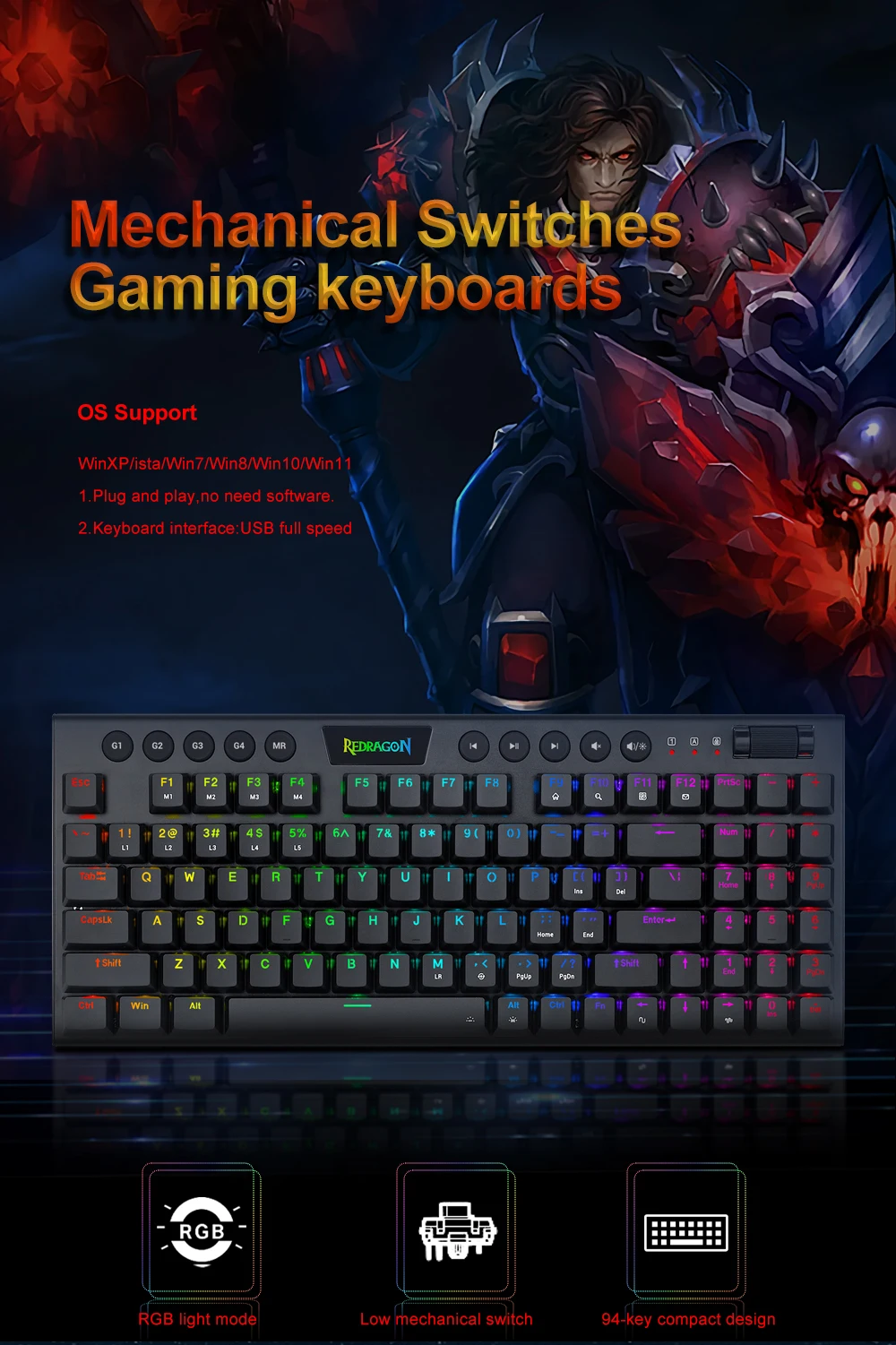 Redragon yi k625p rgb mechanical gaming keyboard – 94 keys, red switch, slim & ultra-thin design for computers & pcs