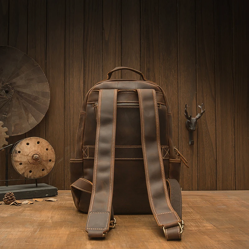Handmade Crazy Horse Leather Backpack Cowhide Large Capacity Business Laptop Bag Vintage Genuine Leather School Bag Men Rucksack