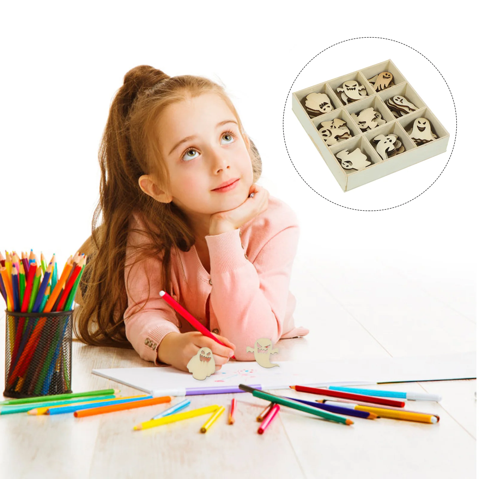 

Magiclulu Unfinished Wood Shapes 72Pcs Halloween Wooden Chips Unfinished Wood Slices Blank Hollow Cutouts Nine Grid Wooden Box