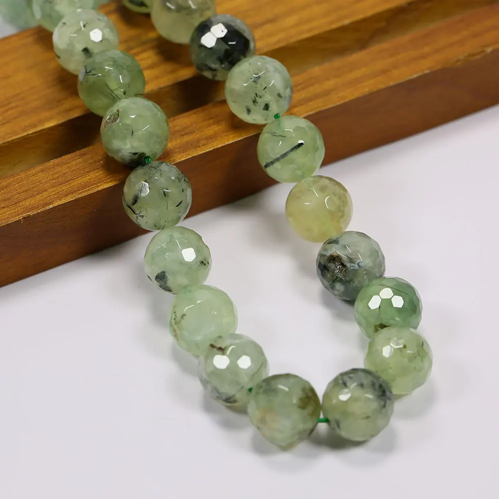 APDGG Natural 14MM Green Round Faceted Prehnite Gems Stone Loose Stone Beads 15.5