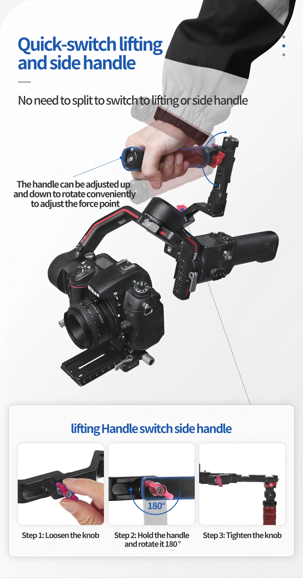 Gimbals Side Sling Handgriff, faltbar, verstellbar, Holzgriff, Schienenklemme, kalte Schuhhalterung für DJI Ronin RS3 PRO RS2 RSC2-Halterung – Detail 10
