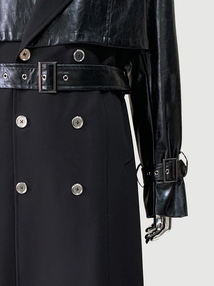 Nerazzurri Spring Autumn Long Black Pu Leather Patchwork Trench Coat Men Shoulder Pads Double Breasted Luxury Designer Clothes