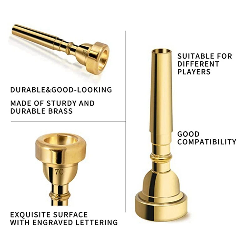3 Pack Trumpet Mouthpiece Accessories Brass Trumpet Mouthpiece Set 3C 5C 7C For Beginners (Gold)