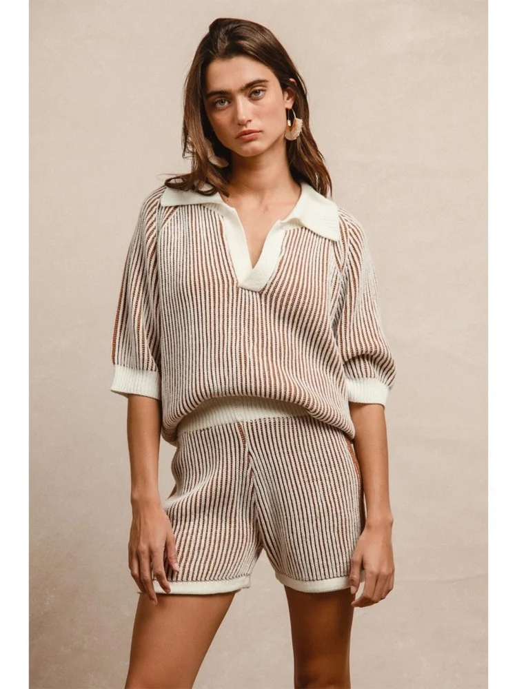 Wmstar 2025 New Women Fashionable Elegant Two Piece Sets Comfortable Loose Color Block Striped Sweater Half Sleeve Sweater