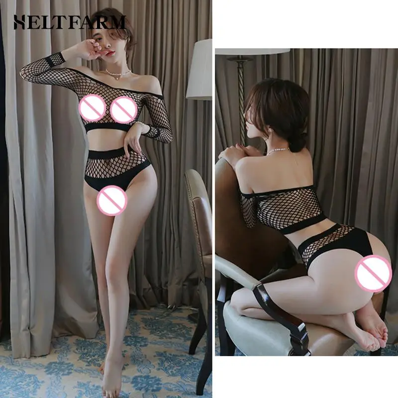 

Sexy Lingerie Set Women Hollow Out Fishnet Underwear High Waist Thongs Panties Long Sleeve Crop Top Sets