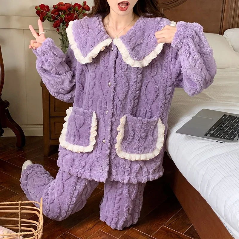 2024 New Coral Velvet Winter Pajamas Women's Casual Doll Collar Sleepwear Long Plush Long Sleeved Pants Homewear Two-piece Set
