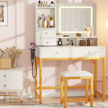 Satifur Vanity Desk with LED Lights Mirror and Power Outlets, Small Makeup Vanity Desk Stool Set with 4 Drawers, Dressing Table 1