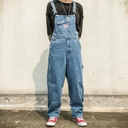 Korean Jeans Men Overalls Bib Denim Jumpsuits Huge Straight Workwear Multi Pocket Wide Leg Cargo Pants Blue Trousers