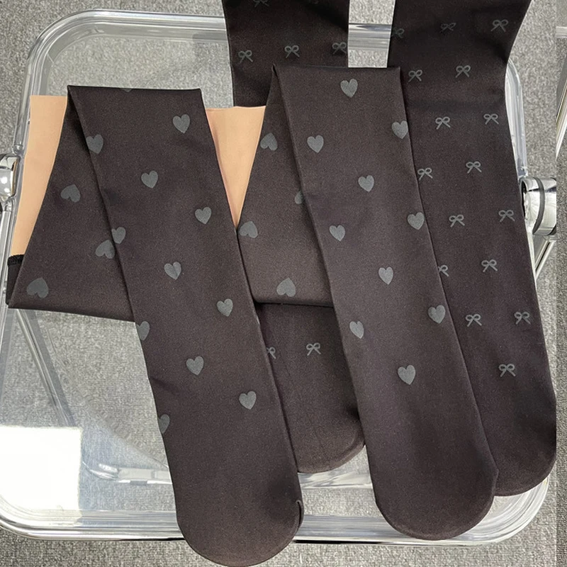 

Heart Bowknot Printed Tights with A Pattern Legs Fake Translucent Stockings Elasticity Slim Black Fleece Lined Tights Collants