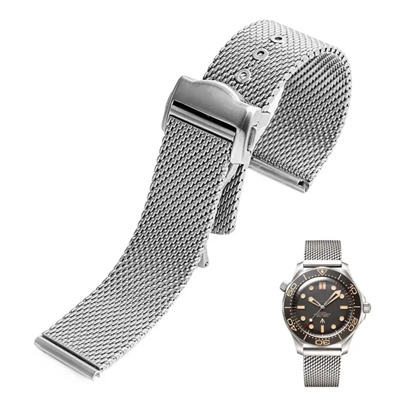 SCHIK Stainless Steel Watchband 20mm For Omega 007 James Bond Seamaster 300 Watch Strap Woven Milan 316L Metal Bracelets