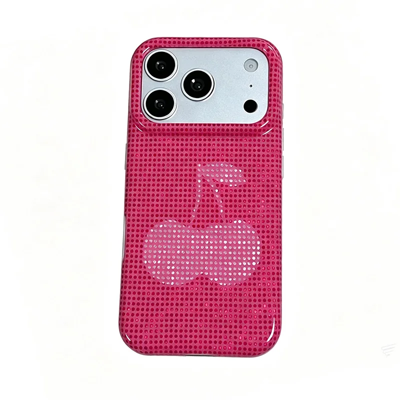 Stylish Rhinestone Cherry Glitter Phone Case - Glossy White & Hot Pink