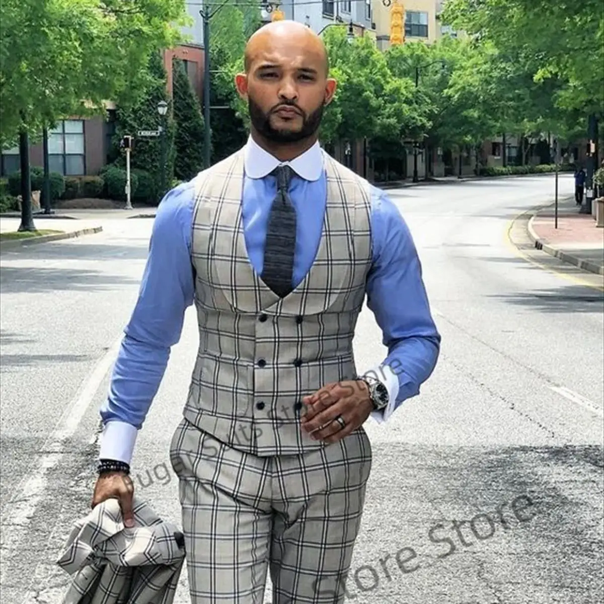 Business Gray Plaid Suits For Men Slim Fit Double-breasted Vest Groom Tuxedos Prom3 Pieces Sets Elegant Male Blazer Traje Hombre