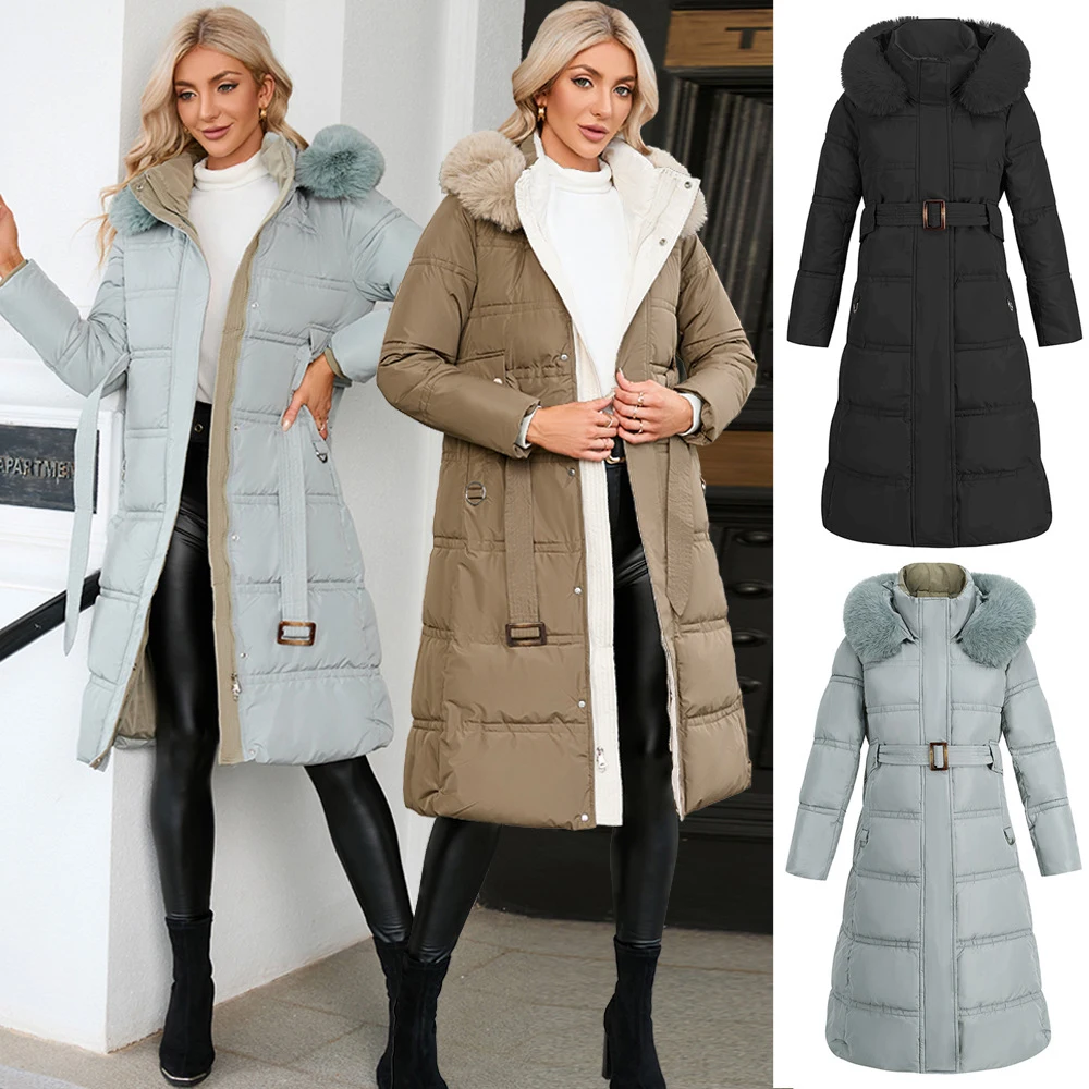 

2022 New Puffer Jacket Women Long Coat Blue Black With Fur Hat Thick Warm Casual Winter Jacket Padded Oversize Parkas VD3423