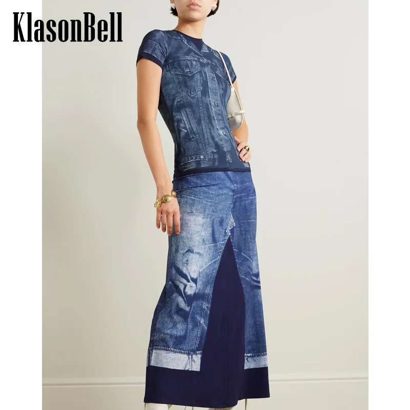 

2.23 KlasonBell Fashion New White-Ink Print Cotton Denim Style Short Sleeve T-Shirt Or Elastic Waist Long Skirt Set Women