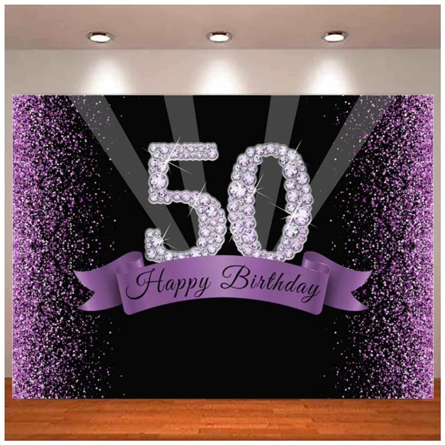 Fondale Fotografico Per Donna Uomo Viola Felice 50 Anni 50 ° Compleanno Sfondo Glitter Diamante Decorazione Festa Banner