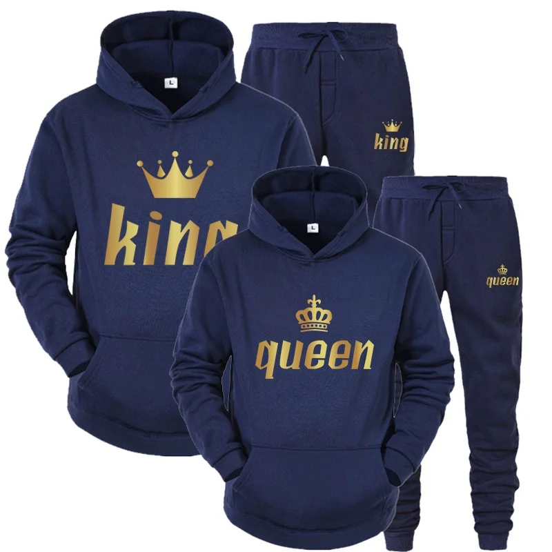 Fashion Couples Sportwear Set KING or QUEEN Printed Lover Hooded Suits Hoodie and Pants 2pcs Set Streetwear Men Women Sweatshirt