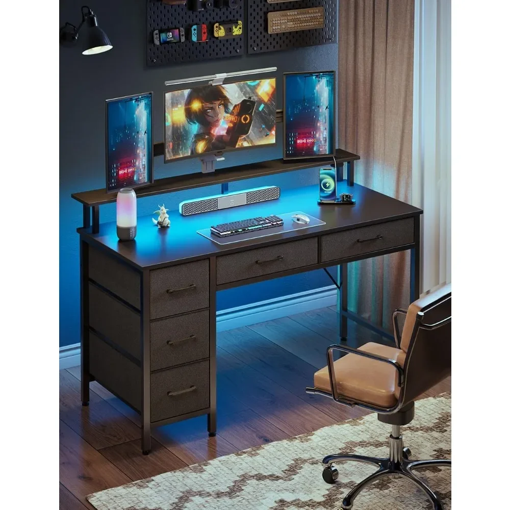 Computer Desk with Power Outlets & LED Light, 39 inch Home Office Desk with 5 Drawers, Writing Desk with Monitor Stan 2