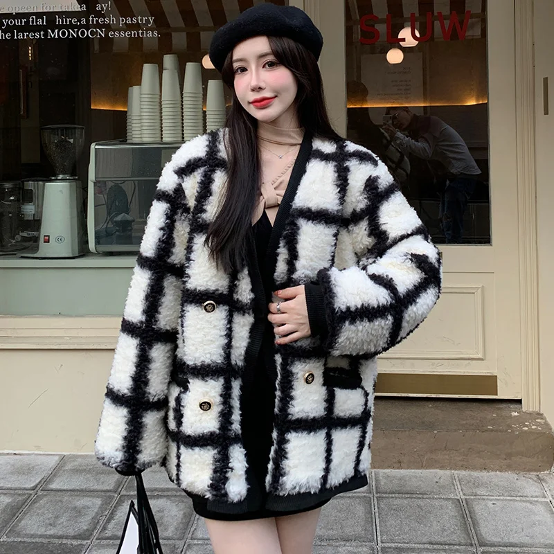 

Jackets New V-neck Double-breasted Lamb Hairy Jacket Loose Plush Women's Autumn Winter Plaid Long Sleeves Pockets Top Coat