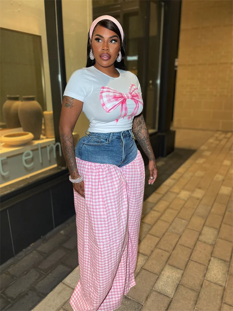 Wmstar 2 Piece Set Women Wholesale Denim Patchwork  Print Wide Leg T Shirt Plaid High Waisted Loose Wide Leg Pants Dropshopping