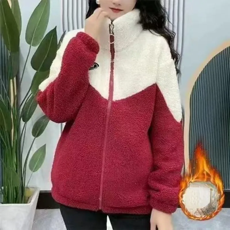 Lamb Fleece Coat Women 2023 New Autumn Winter Mom Casual Plush Thickened Warm Stand Collar Cotton Jacket Color Blocking Overcoat winter women s cotton coat 2021 new korean style all match casual stand up collar shiny contrast color ladies jacket keep warm