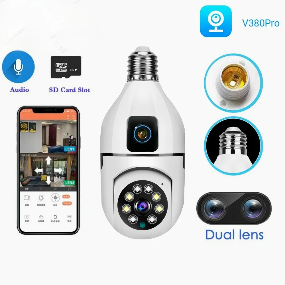 

V380 Pro Двойной объектив двойной экран E27 лампочка камера два канала аудио цветное ночное видение умный дом безопасность беспроводная Wi-Fi комнатная камера