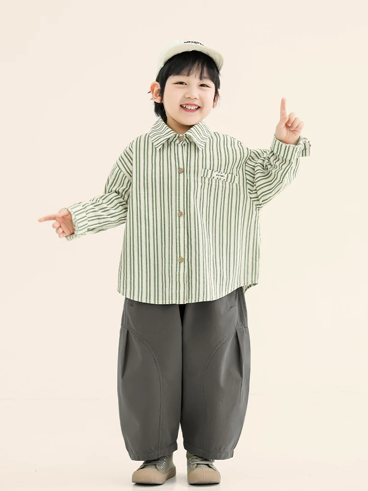 2026년 봄 남아용 긴팔 스트라이프 셔츠 한국 스타일 면 아동복 블록 캐슬 신상품 봄 패션 키즈