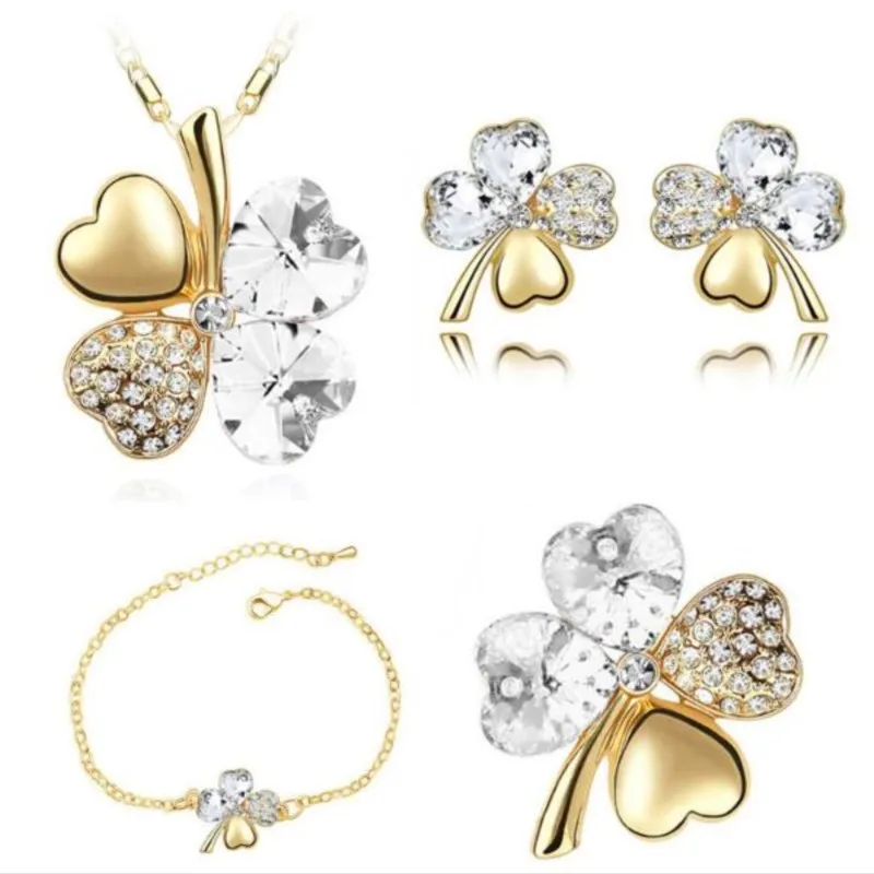 Bridal Jewelry Sets Crystal Clover 4 Leaf Heart Necklace Earrings Bracelet Brooch Charm