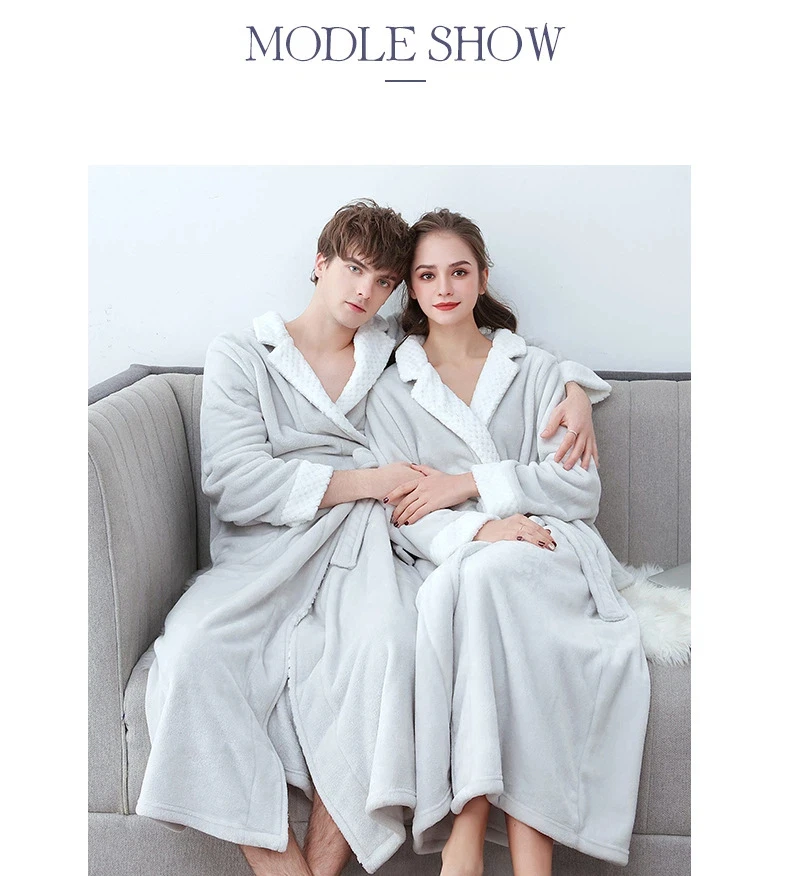 Herren Plüsch-Flanell Bademantel Fleece Kimono-Stil Langer Bademantel mit Waffelbesatz-Kragen und Bindegürtel Gemütliche Lounge-Schlafbekleidung Winter-Robe – Detail 5