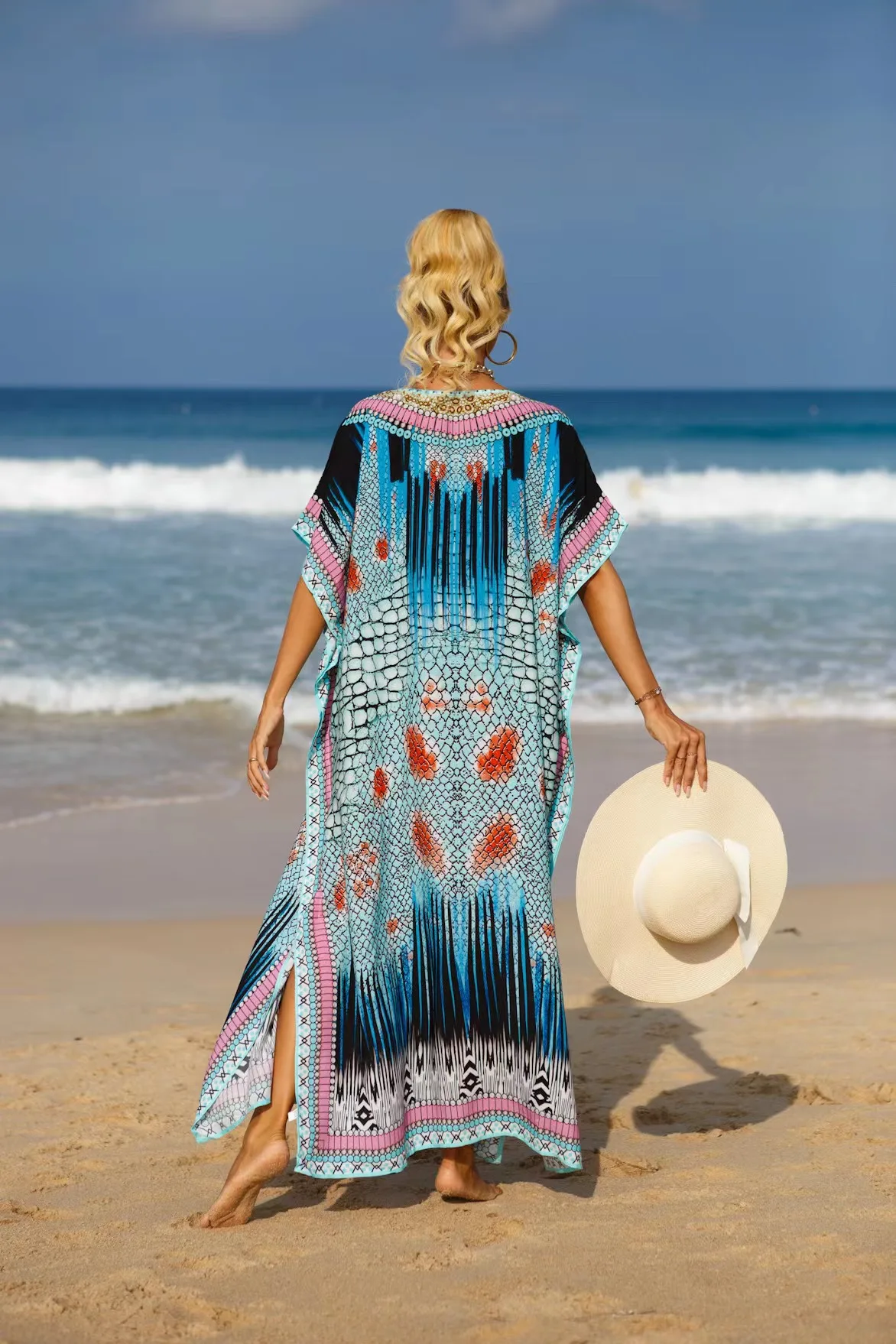10 Color Beach Kaftan Long Dress for Woman Summer Bathing Suit Cover Up Green National Dresses Split Outfits Bikini Coverup 2024