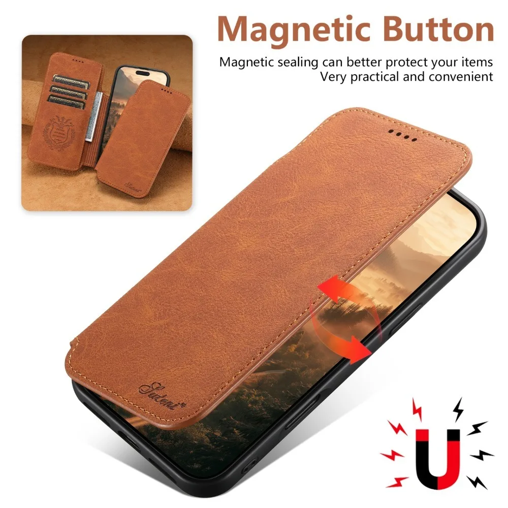 Luxury Leather Wallet Case with PU Folio Card Holder and Wireless Charging, Shockproof Design