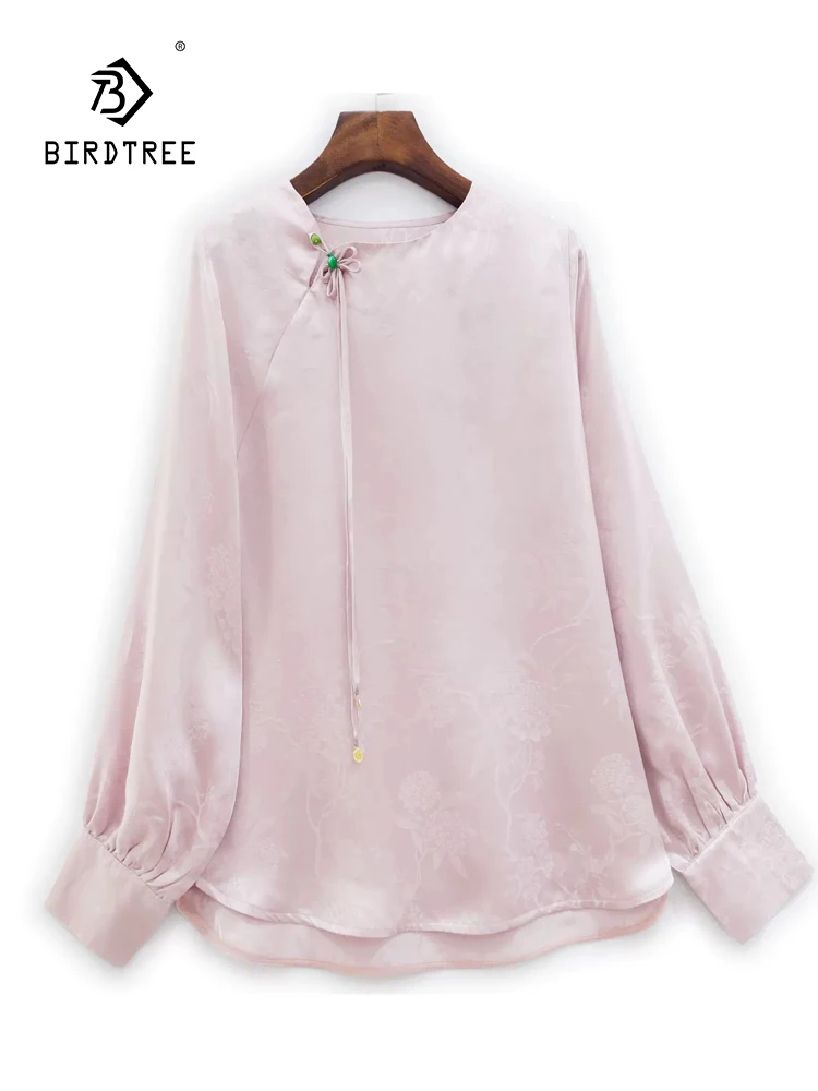 

BirdTree, 22MM Real Silk Women Jacquard T-Shirts, Long Sleeve Tassels, Elegant Retro Chinese Style Tee, 2024 Spring T43313QC