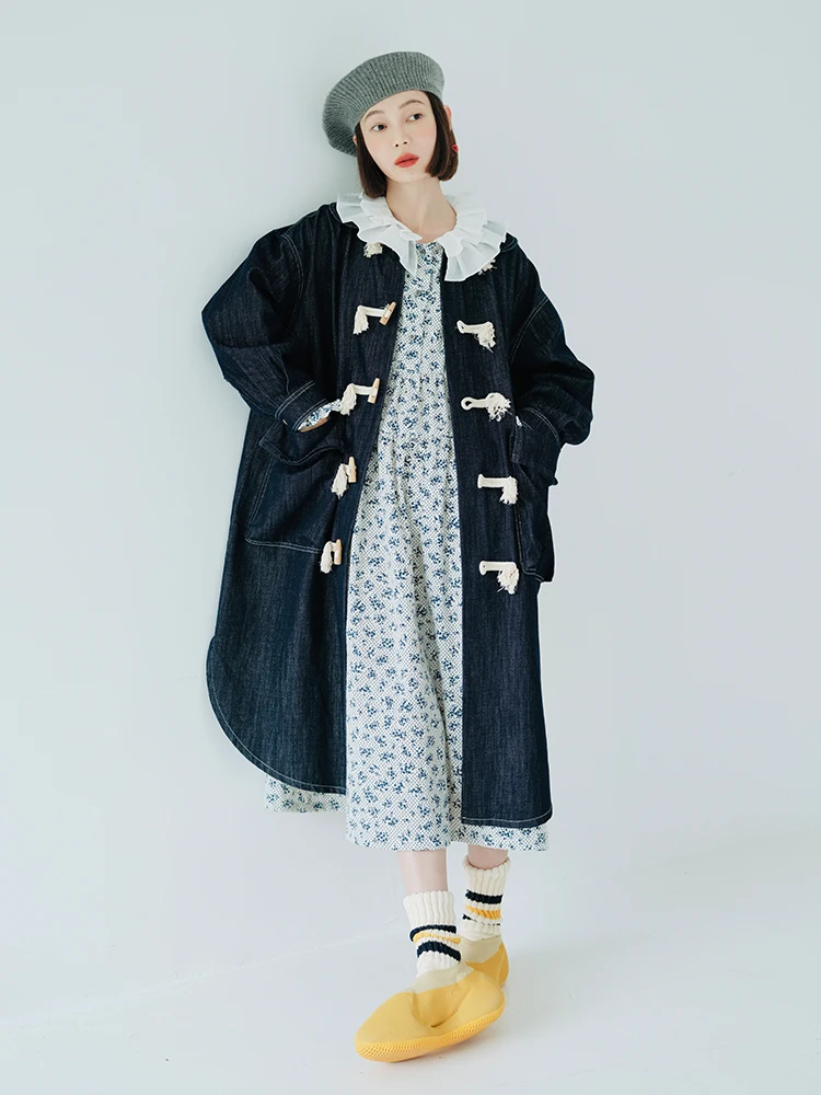 imakokoni original design long sleeve medium long denim coat women's oxhorn button Japanese pocket loose coat  winter 223787 наклейка для кия kamui original d12 5мм medium 1шт 05346