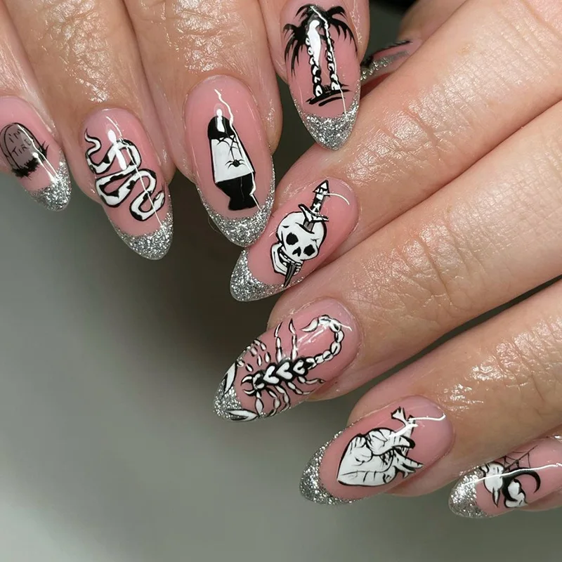 Halloween Amandel 24 Stuks Kunstnagels Franse Glitter Nepnagels met Schedel Slangen Schorpioenen Ontwerpen Volledige Cover Pr_voghion.com