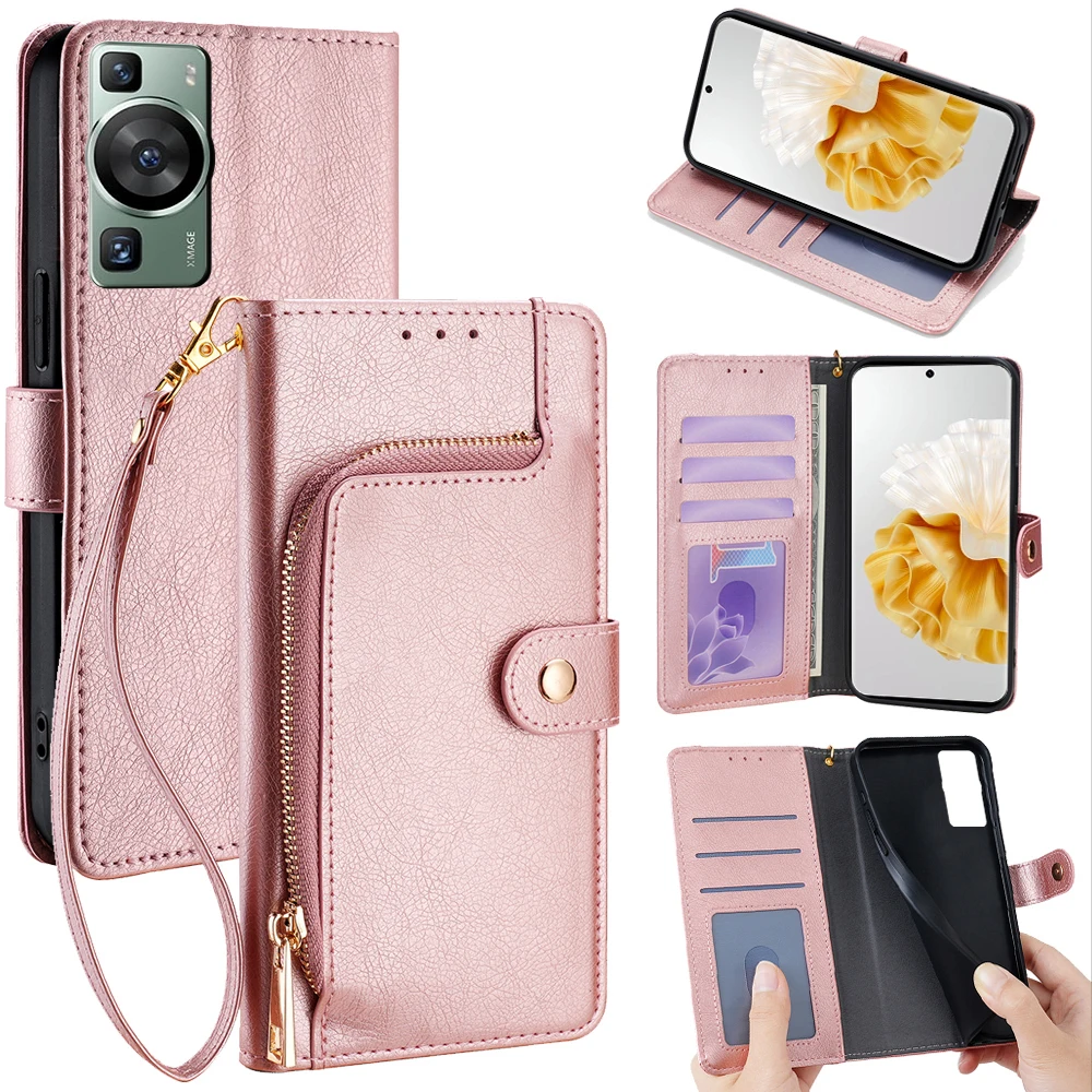 Ladies Magnet Buckle Zipper Wallet Flip Phone Case with Card Slots
