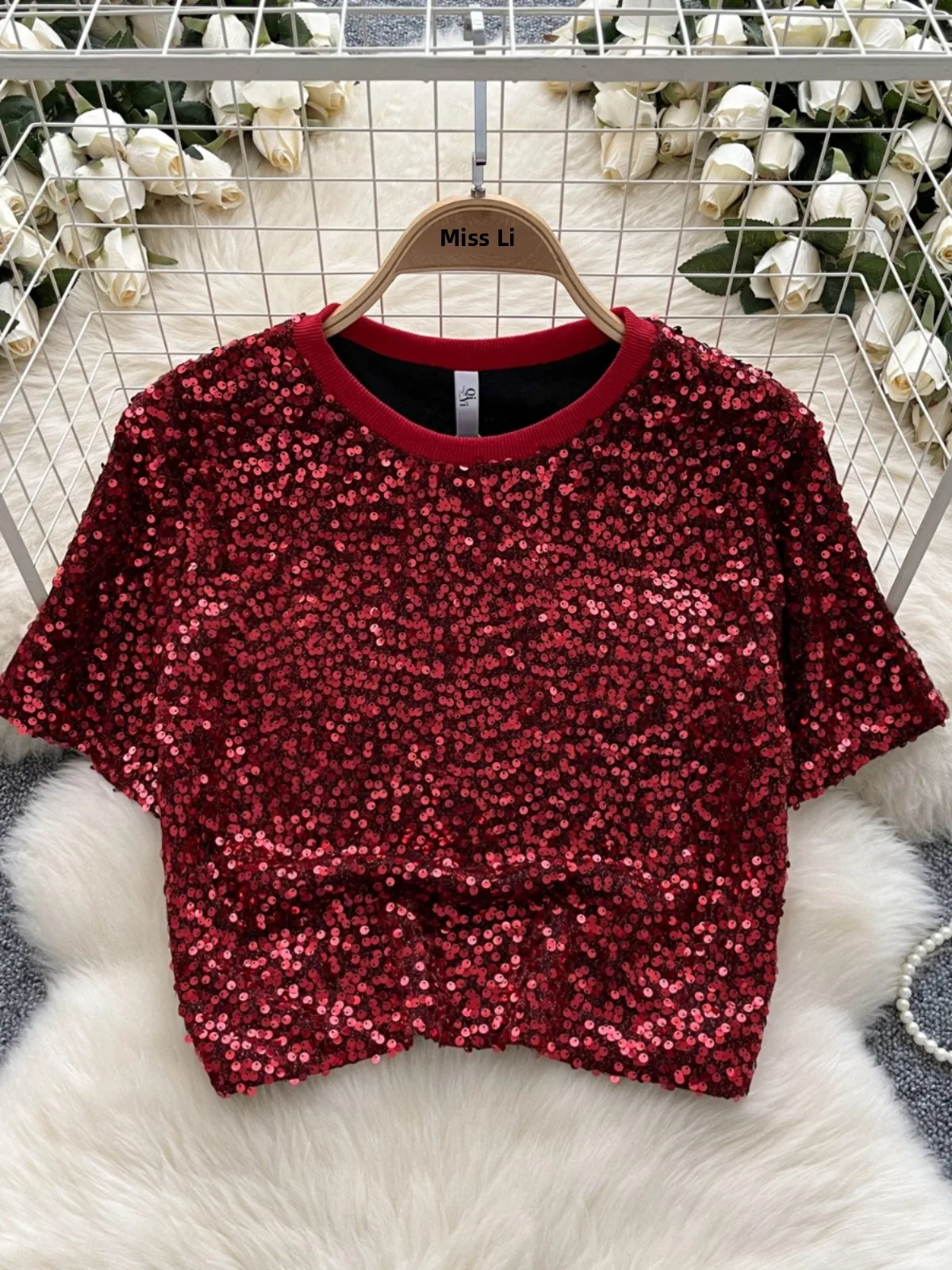 ort Sve round Ne T-irt Women's Commute Faion Sparkling Summer Top Korean Sle Loose Fit Creative Pattern