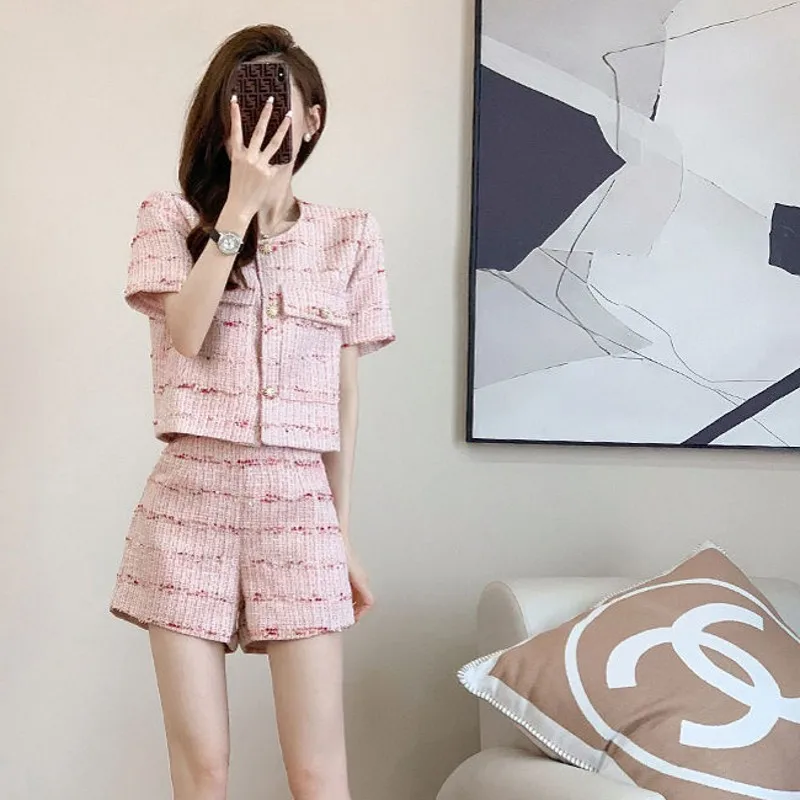 

Runway Summer Women's Tweed Two Piece Set Slim Fashion Pink Jacket Coat Top + High Waist Wide Leg Shorts Pants Suit