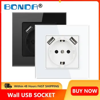 벽 듀얼 USB 전원 소켓, 전기 고속 충전 소켓 플러그, USB 16A, 220V 콘센트, EU 표준 크리스탈 유리 패널, 2.1A