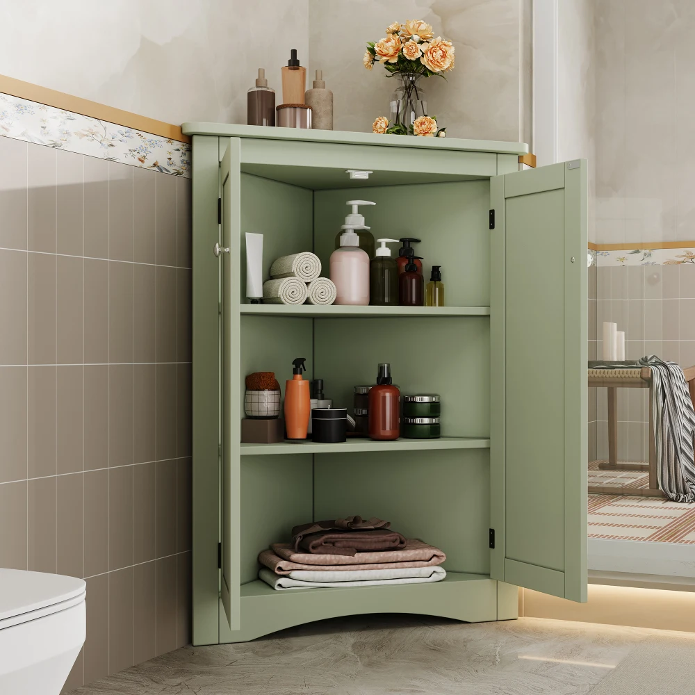 61,5 x 90 cm moderner Eckschrank für Badezimmer – freistehender 2-türiger dreieckiger Schrank mit 3 Ebenen, platzsparend für Badezimmer – Detail 20