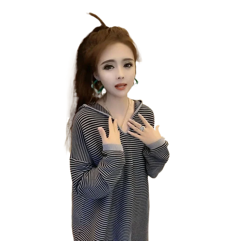 European Station Fashion Striped Knitwear Women's 2023 Autumn New Hooded Design Long Sleeve Loose Midi Sweater