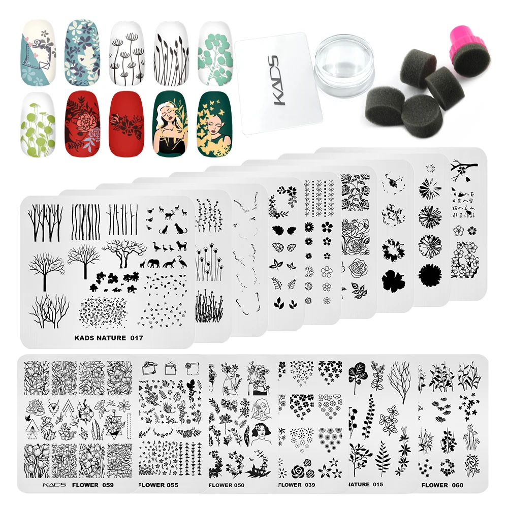 KADS 17 PCS Nail Stamping Plates Set with Jelly Clear Nail Stamper Sponge Stamp Tool Flower Leaves Line Halloween Christmas Kit