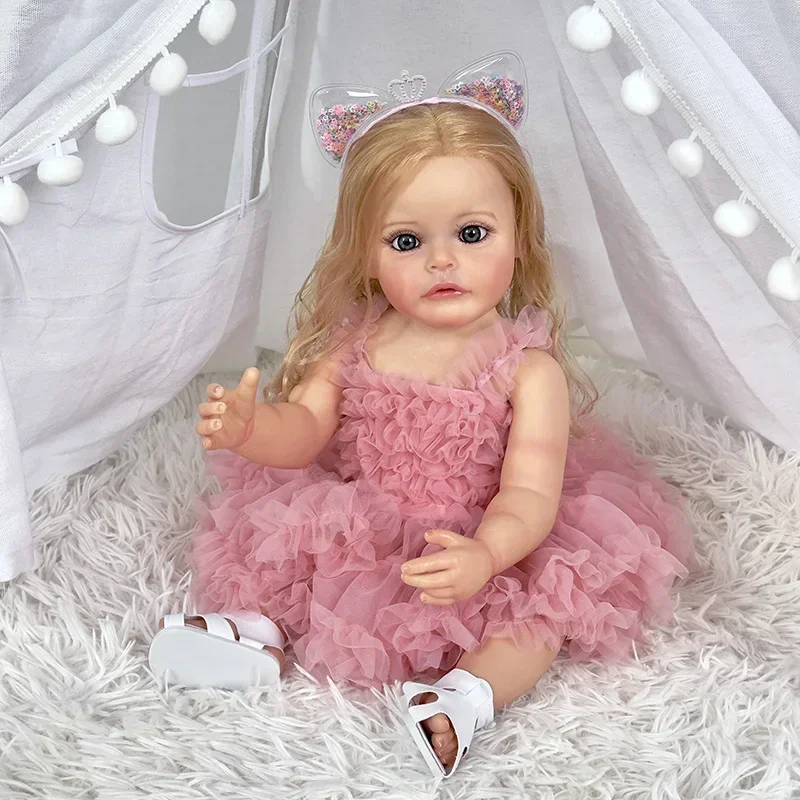 

NPK 55CM Full body Silicone Sue-Sue Reborn Toddler Girl Princess Hand-detailed Painting Rooted blonde Hair waterproof Toy