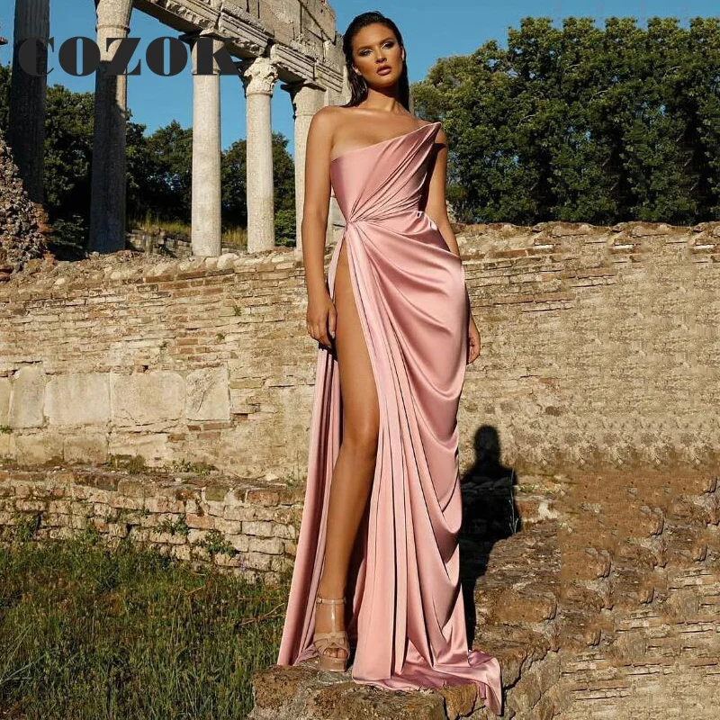 Sexy Simple Pleat Pink Cocktail Dress Strapless Satin High Side Slit