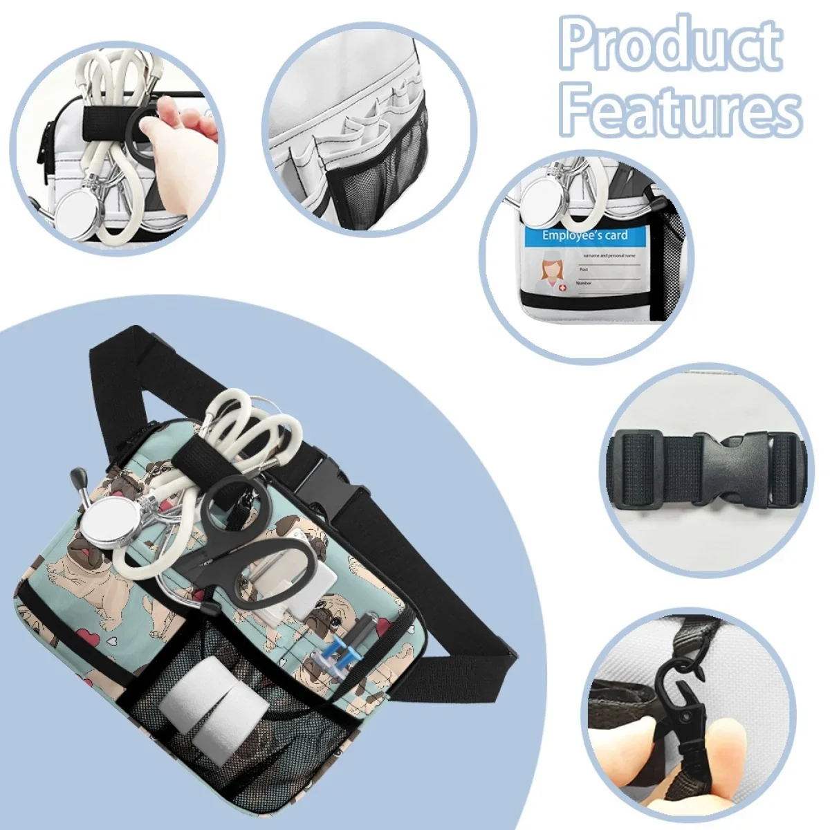 Pug Cute Multi-Pocket Fanny Pack Physician Assistant Doctor Practical Nurse Hip Bags Personalized Custom Gift for Animal Lovers