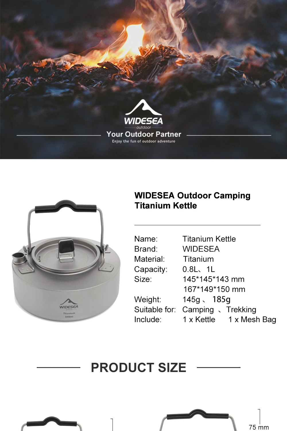 Description Picture 2 of itemWidesea Camping Titanium Kettle Outdoor Tea Coffee Kettle Tableware Pot Supplies Tourist Dishes Hiking Cooking Equipment