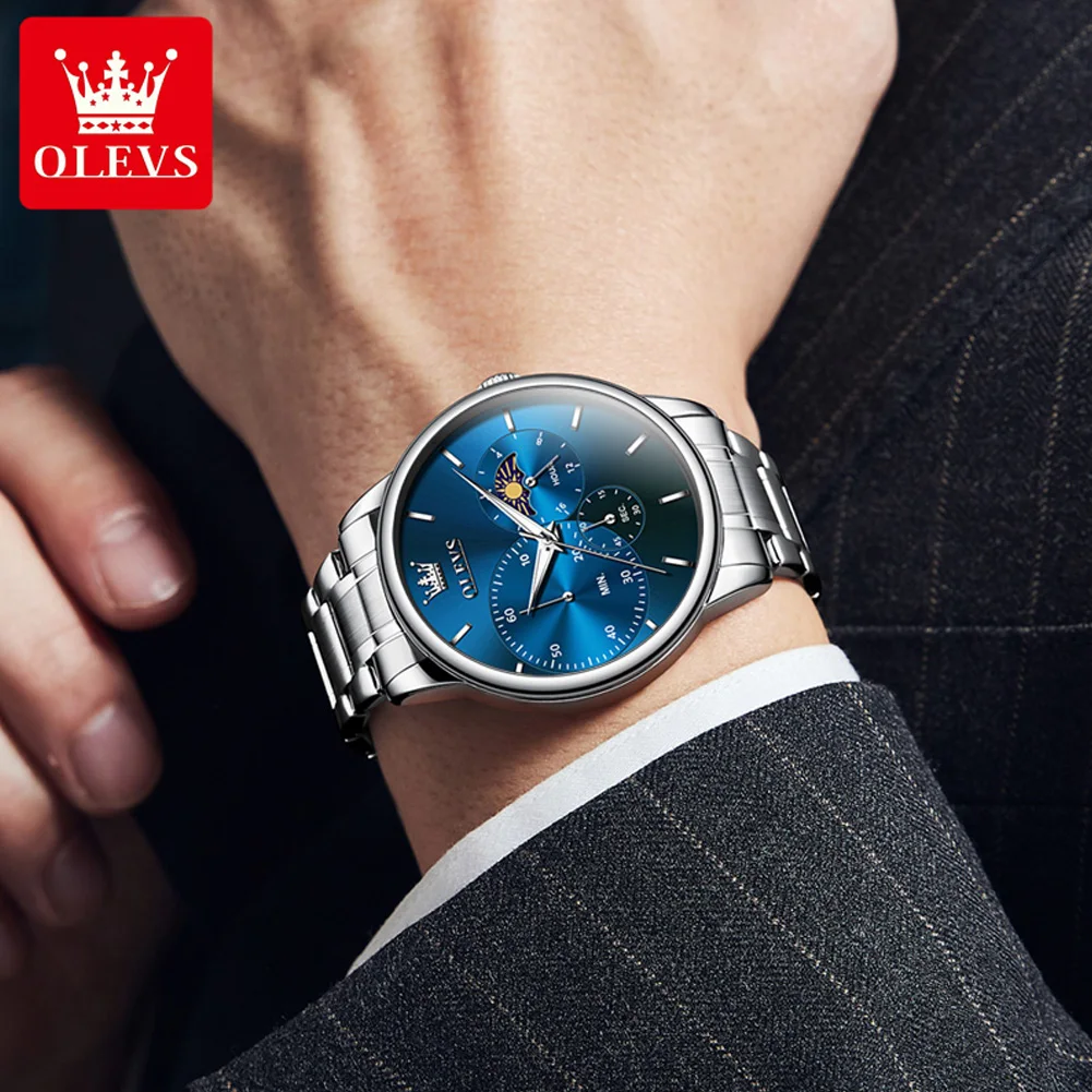 OLEVS Quartz Men Watch Moon Phase Waterproof Chronometer Original Brand Male Wristwatch Business Luminous Watch for Men  Fashion