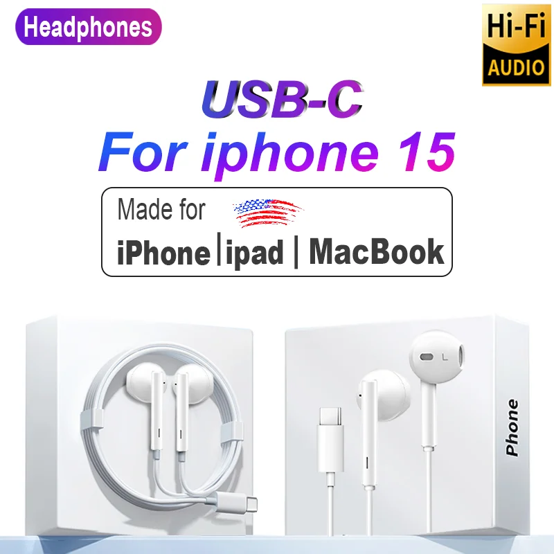 USBCHeadphonesForAppleiPhone15ProMaxInEarWithMicrophone