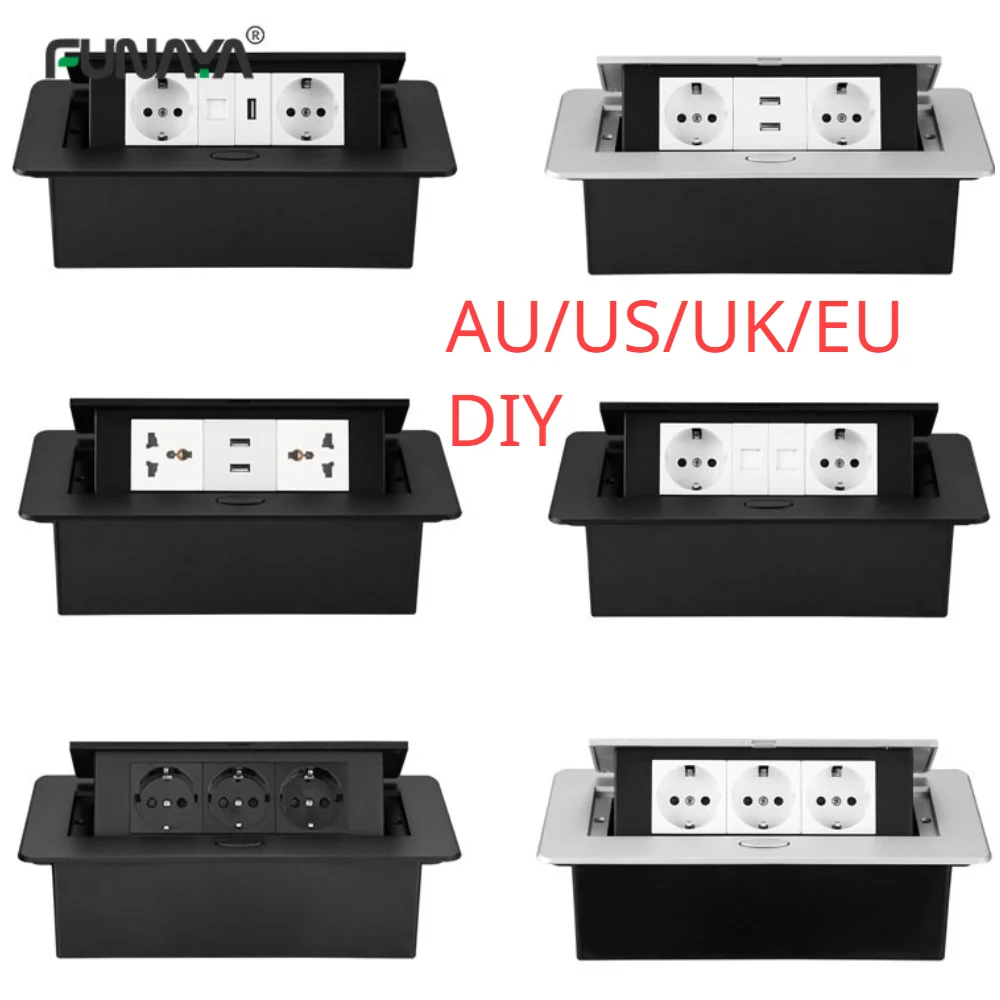 

Pop Up Power Sockets German/EU/US/UK/FR 110V 220V with USB Plug Embedded 118mm Silver Black Hidden Conference 16A Desktop Socket