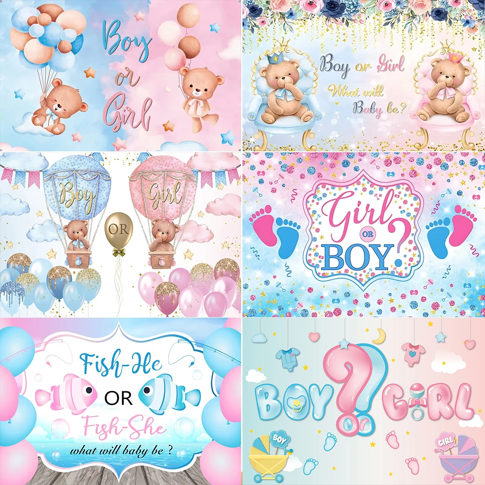 Geschlecht offenbaren Thema er oder sie Fisch Neugeborene Baby Dusche Geburtstag Party Bär Luftballons Hintergrund Dekor Banner Kinder Foto Requisiten
